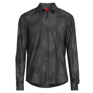 Hugo Boss Ermo Button Up Shirt Mens XXL Slim Fit Gray Cat Print Casual NEW $128